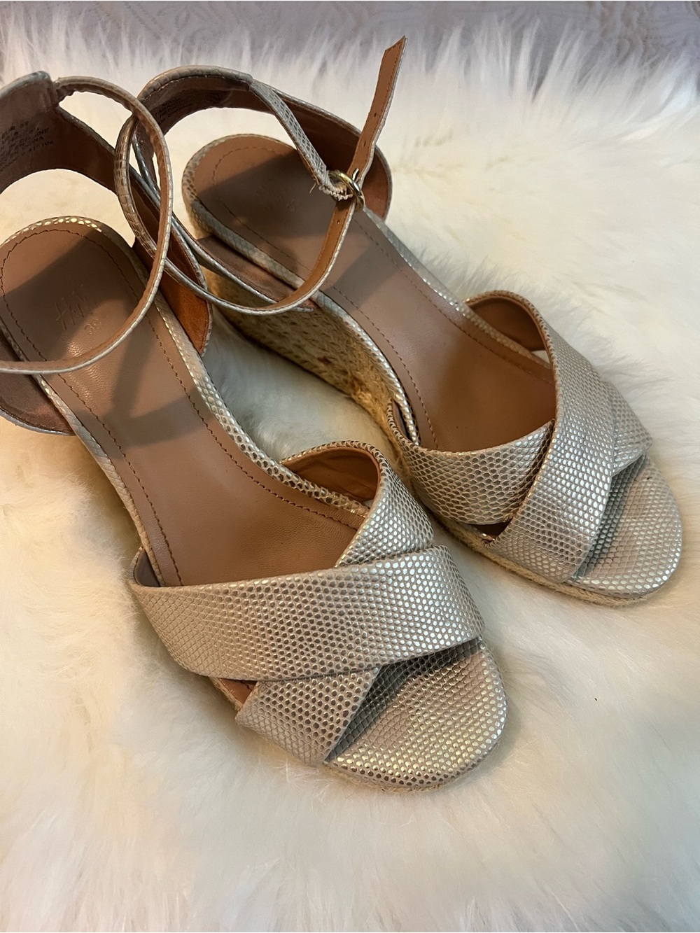 H&M Cream Metallic Woven Espadrille Wedge Sandals